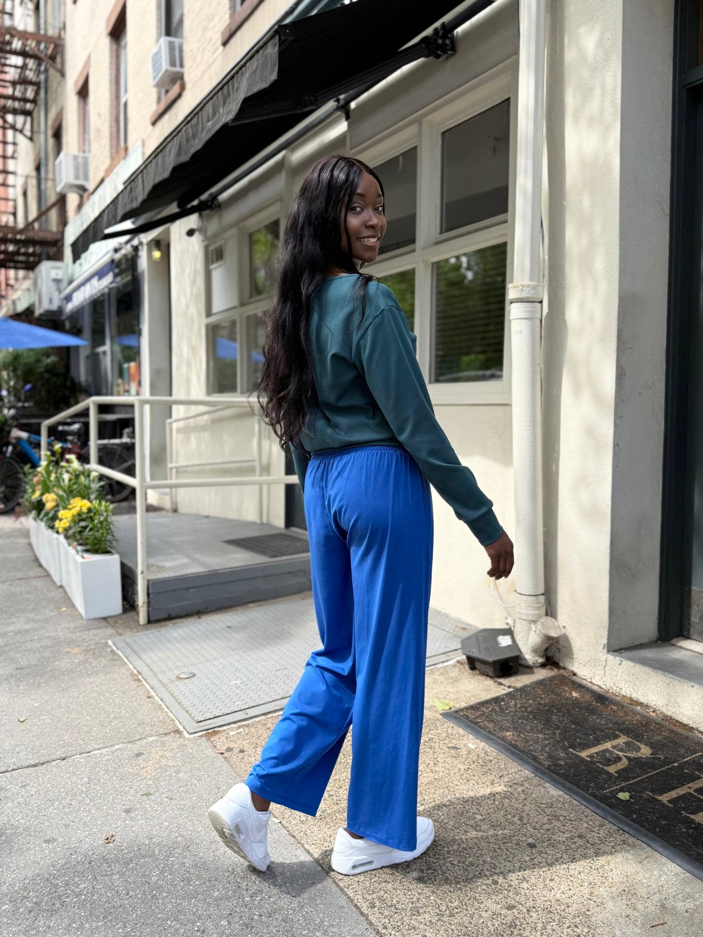 EVELINE smocked jersey pants in Blue Iolite