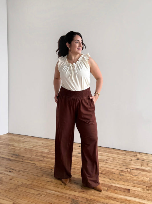 EVELINE smocked jersey pants in Burnt Cedar