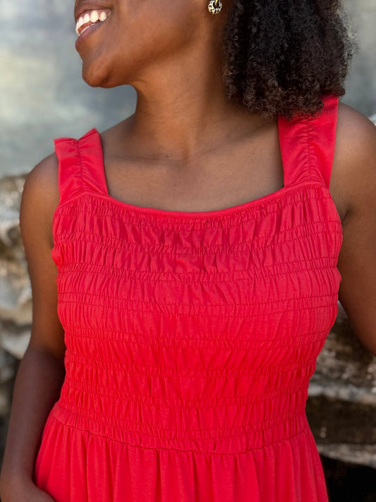 ARTESIA smocked dress in Bright Ruby
