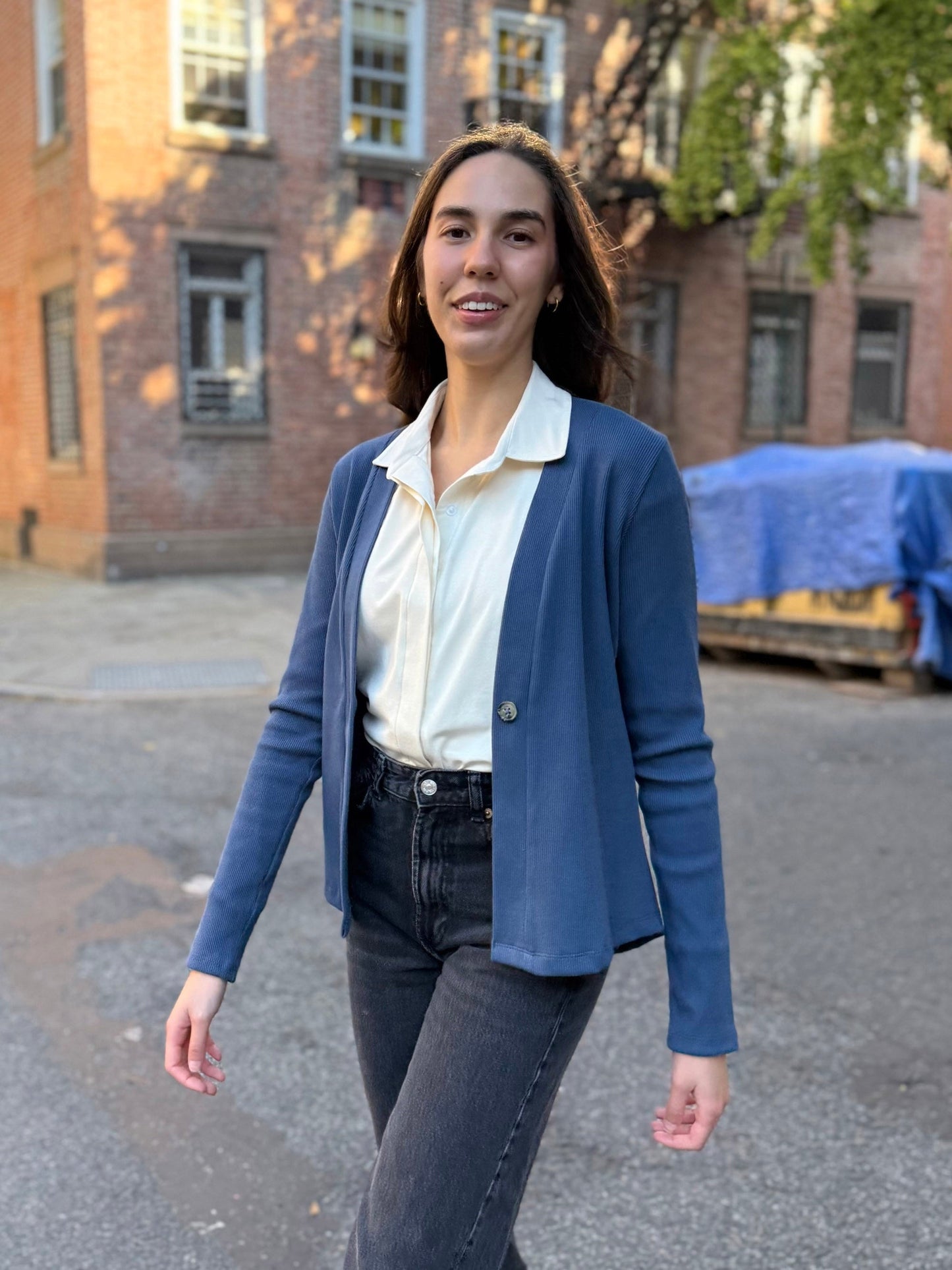 JUDE rib-knit fitted cardigan in Faded Navy