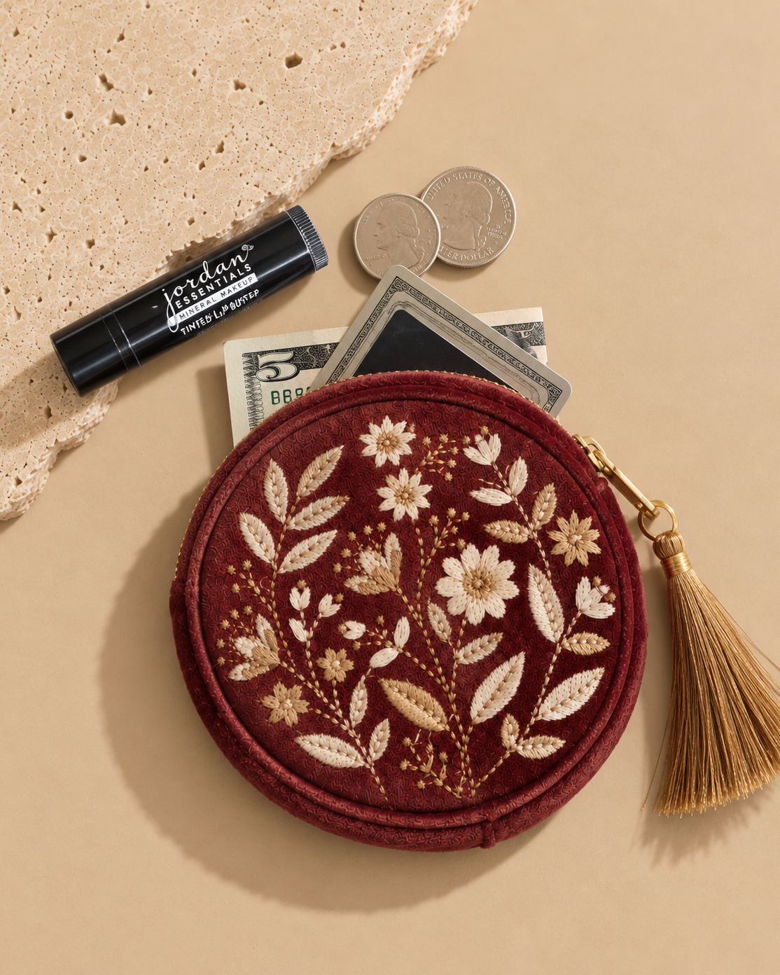 Embroidered Foliage Coin Purse