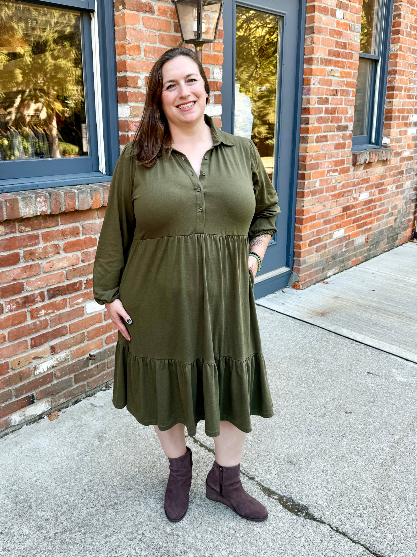 Tiered Knit Shirt Dress Olive