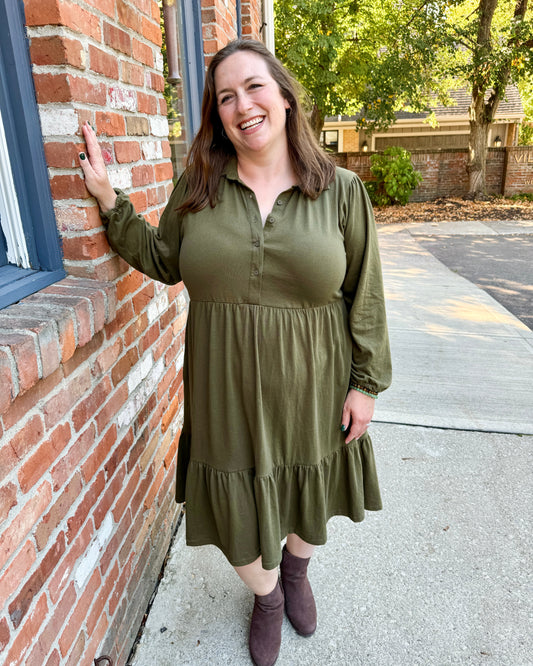 Tiered Knit Shirt Dress Olive