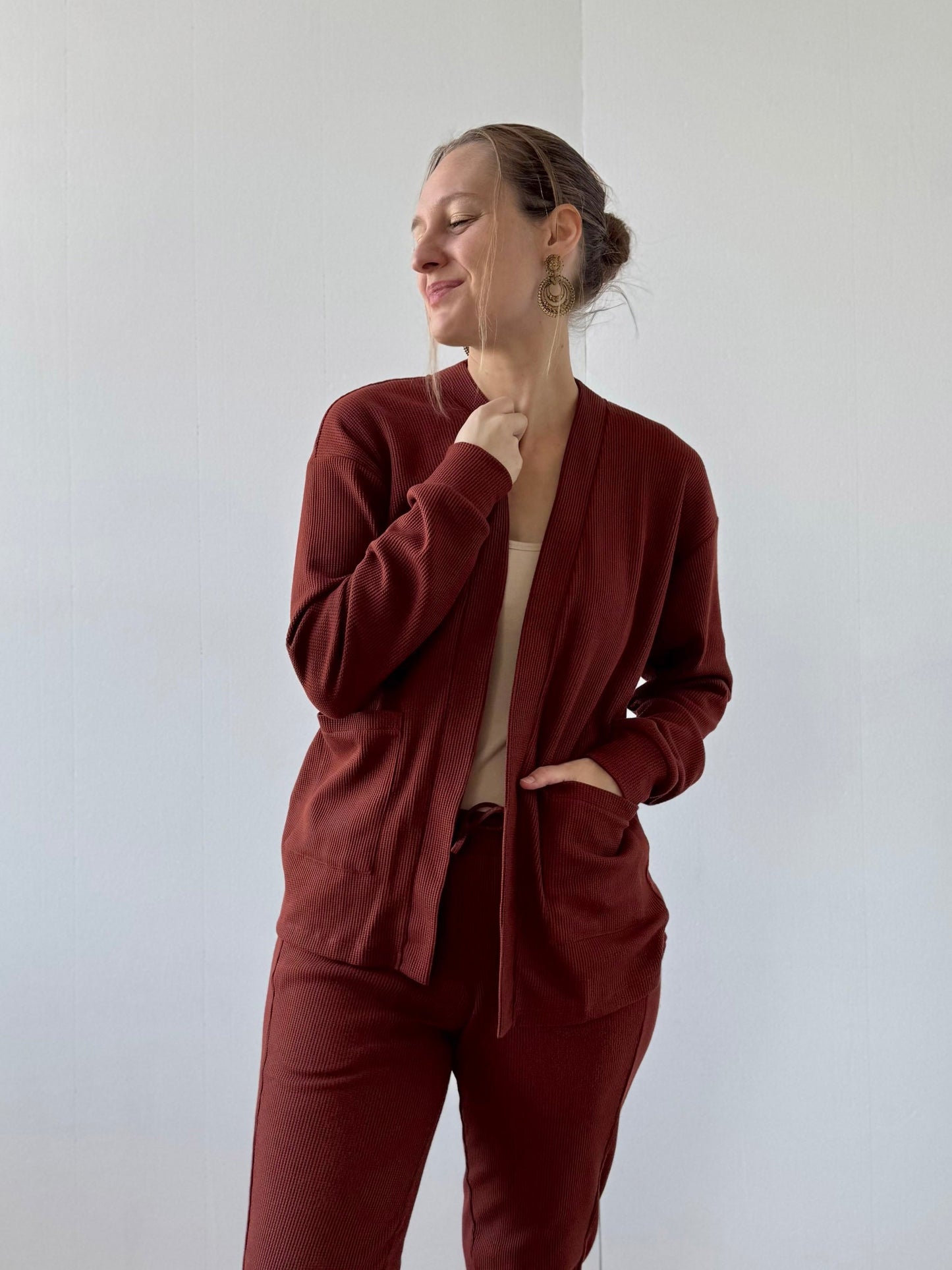 RILEY waffle knit cardigan in Cherrywood