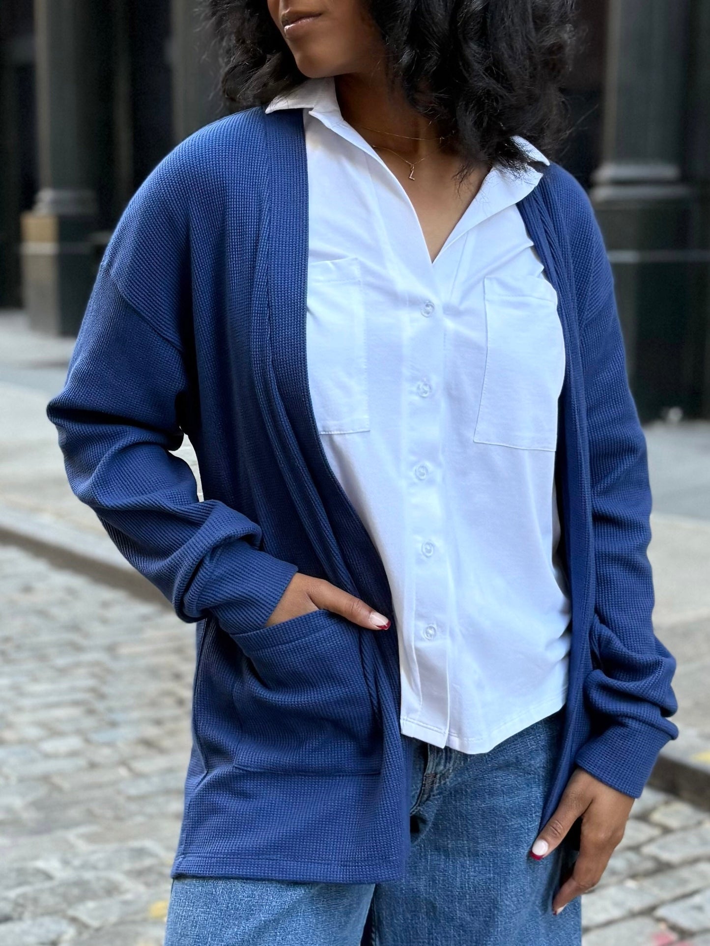 RILEY waffle knit cardigan in Blue Depths