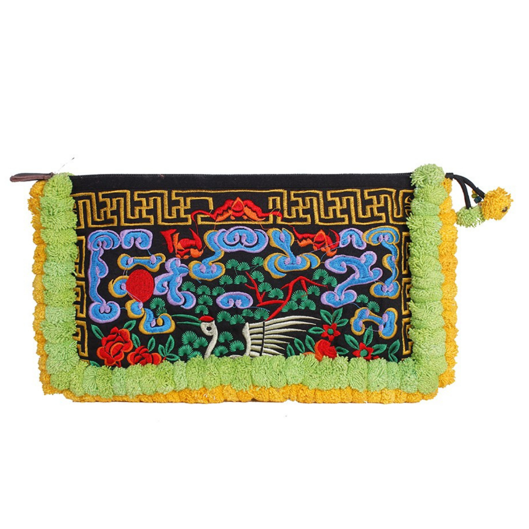 Double Pompom Embroidered Hmong Clutch - Thailand