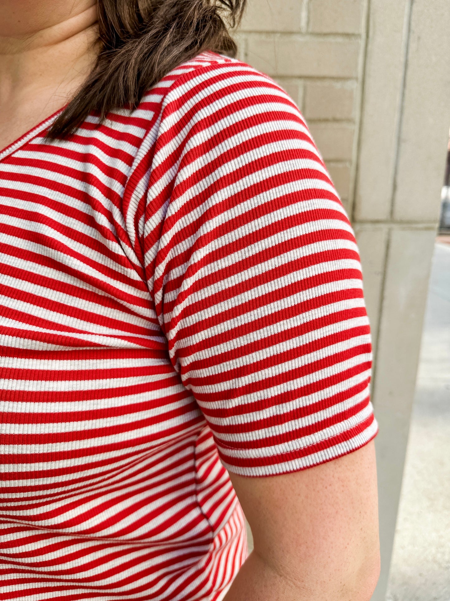 Elbow Sleeve Ribbed Stripe Knit Top