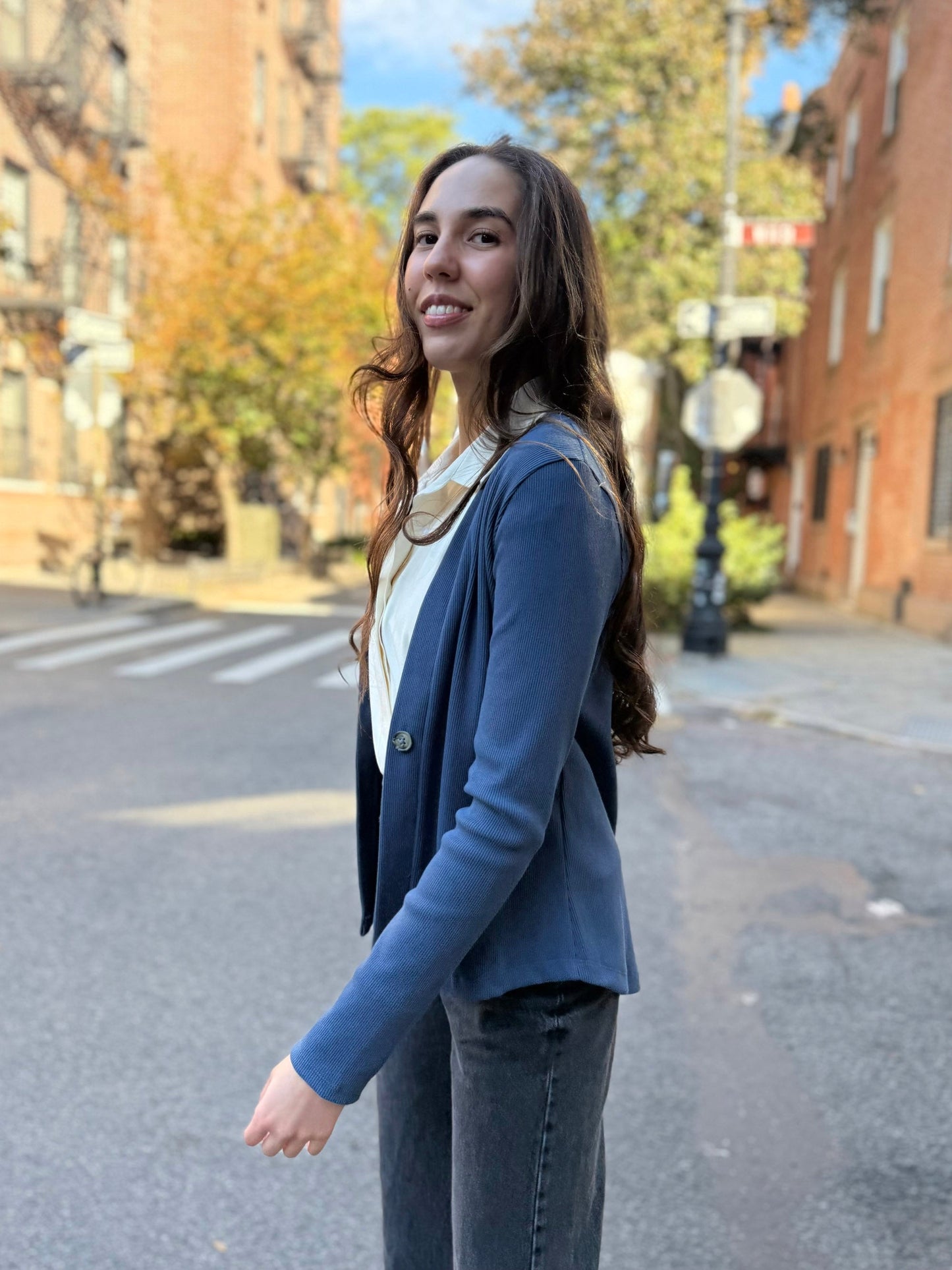 JUDE rib-knit fitted cardigan in Faded Navy