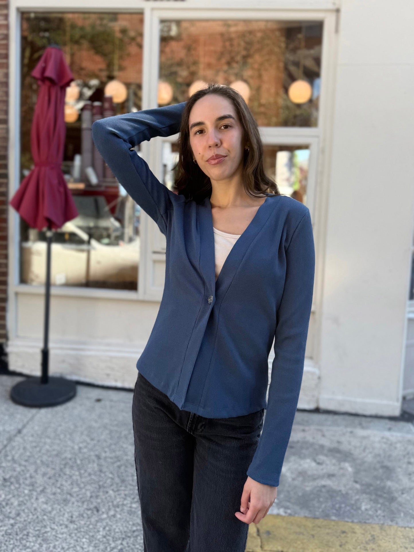 JUDE rib-knit fitted cardigan in Faded Navy