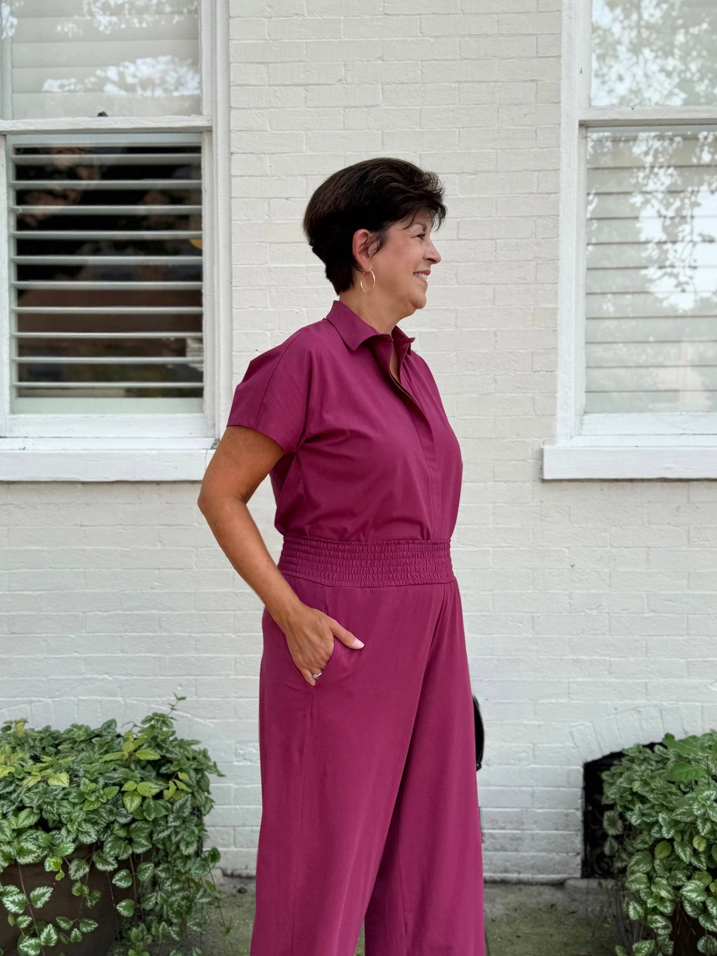 EVELINE smocked jersey pants in Deep Berry