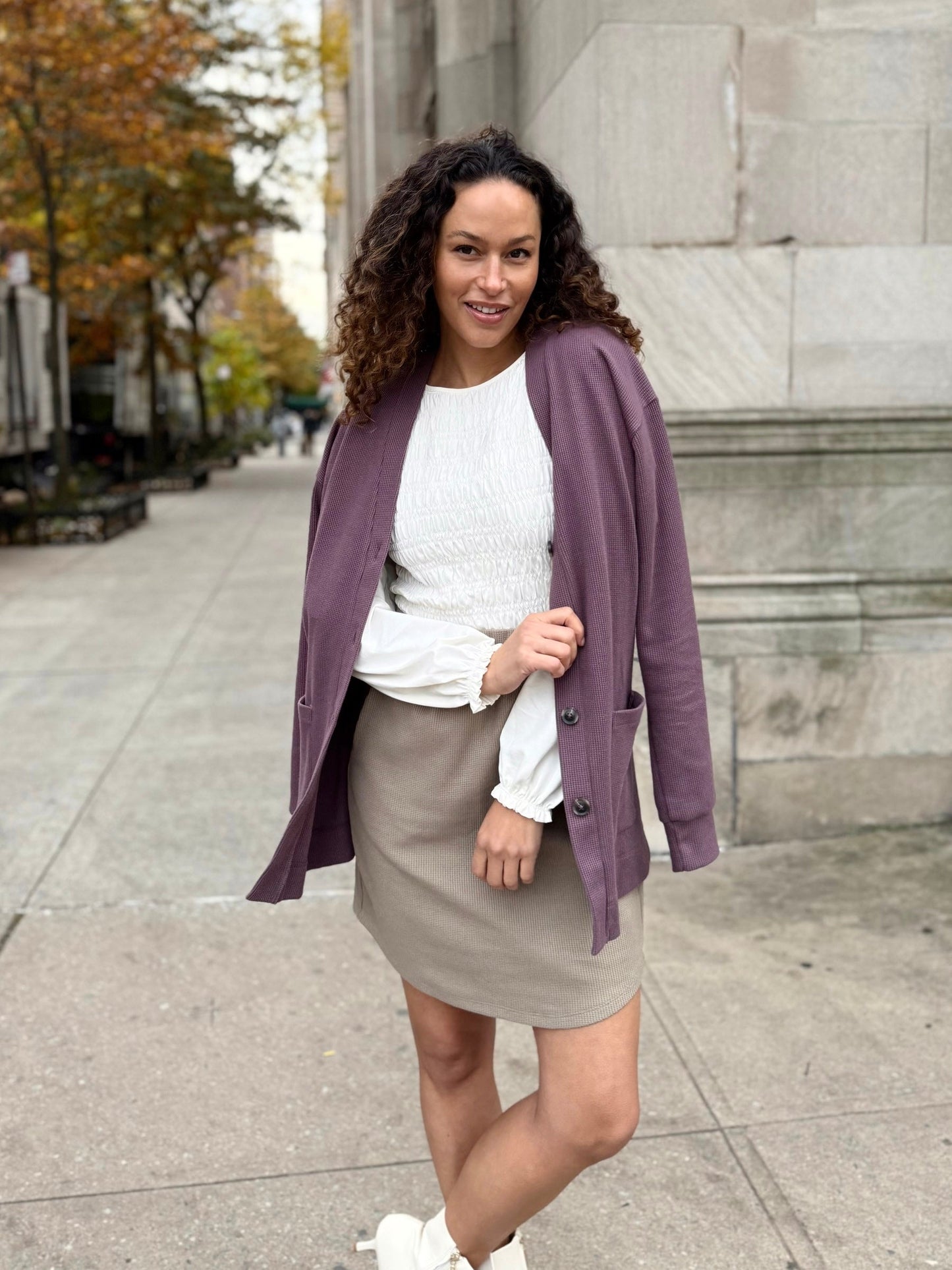 EVERLY waffle knit cardigan in Plum Shadow