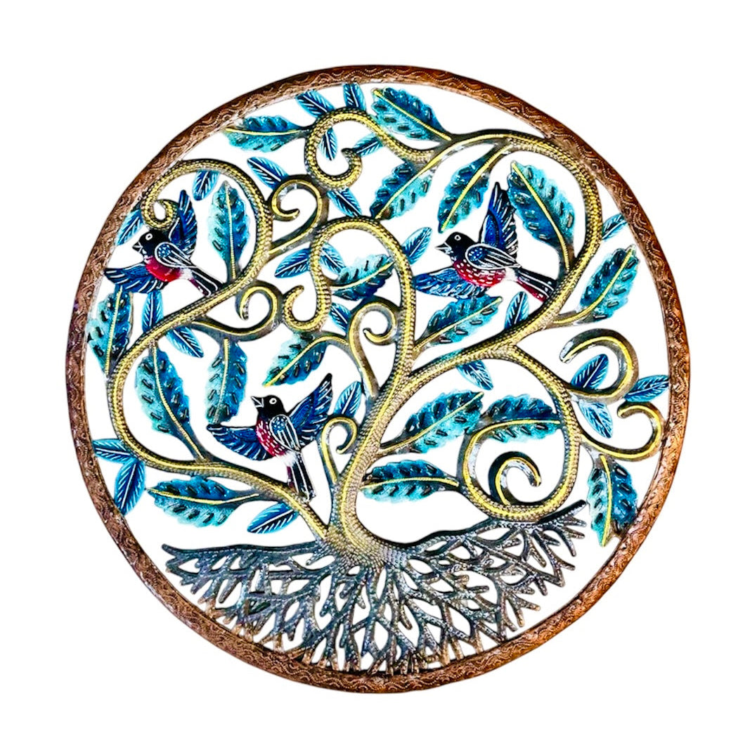 Dark Turquoise Tree of Life with Three Birds - Large