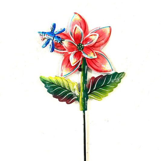 Red Flower with Butterfly Garden Stake