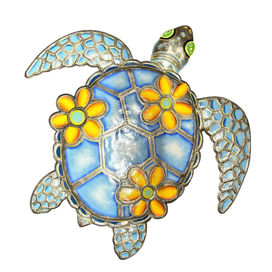 Sea Turtle Oil Drum Top with Flowers- Blue