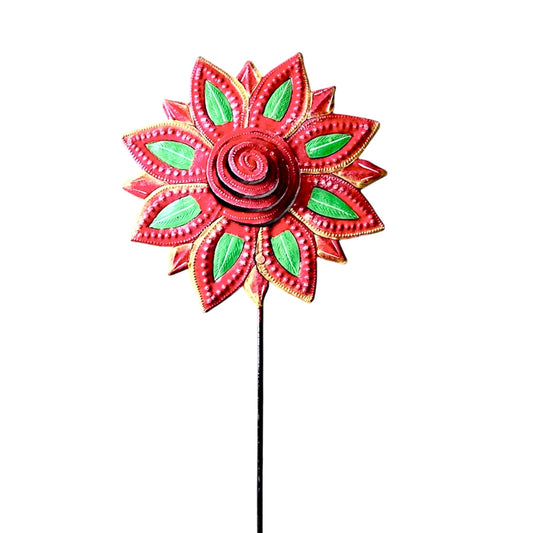3-D Elaborate Red and Green Flower Garden Stake