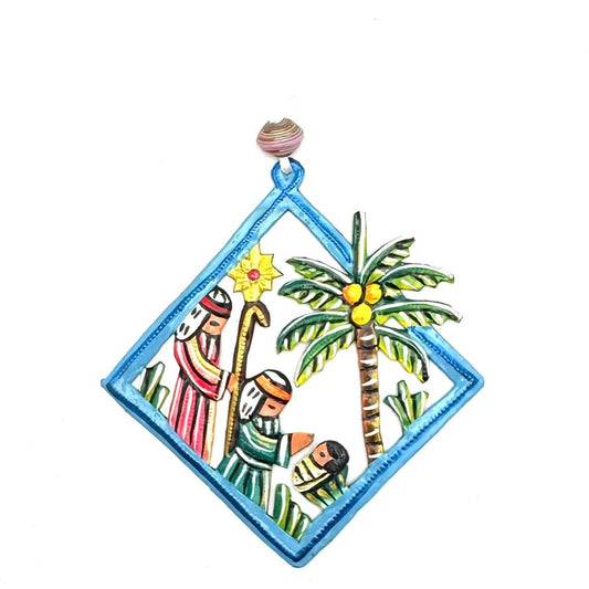 Diamond Palm Nativity Ornament- Blue