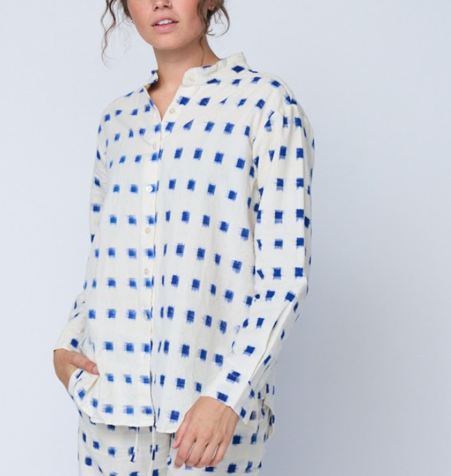Good Boyfriend Shirt with Mandarin Collar - Ikat Squares Natural Cobalt