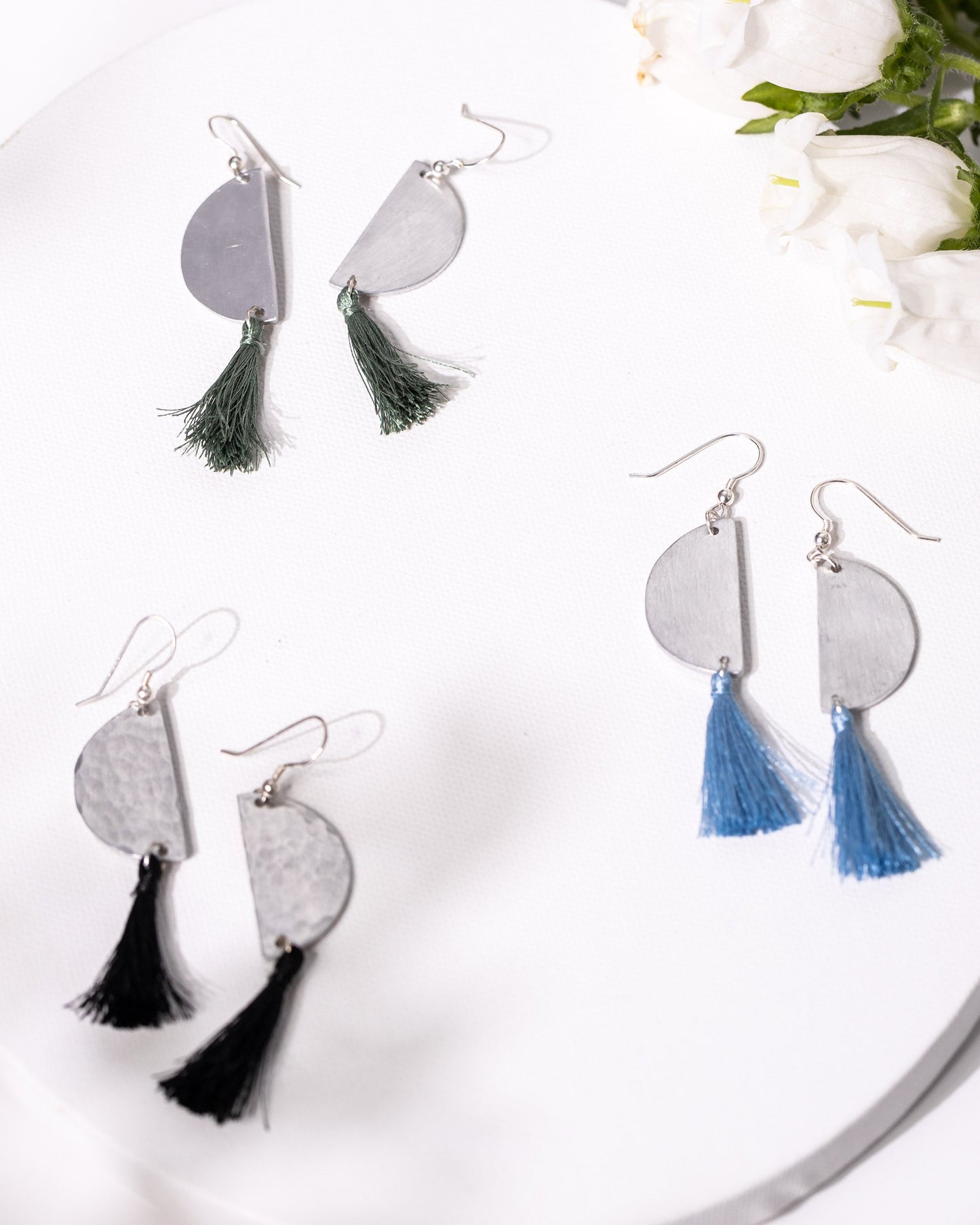 Aluminum Half Moon Tassel Earrings