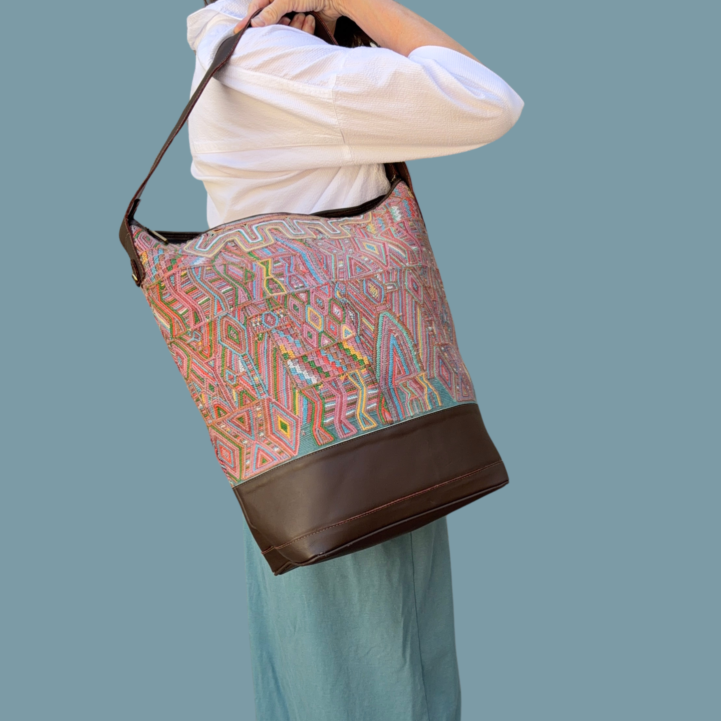 Huipil Bucket Bag - Handcrafted Vintage Mayan Textile & Leather Tote