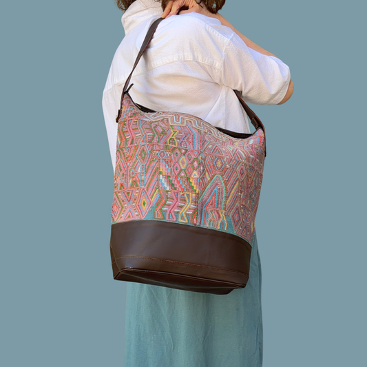 Huipil Bucket Bag - Handcrafted Vintage Mayan Textile & Leather Tote