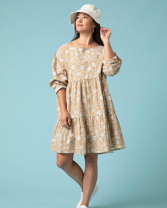 Meadow Tiered Short Dress - Floral Escape in Baked Clay & Olive Oil