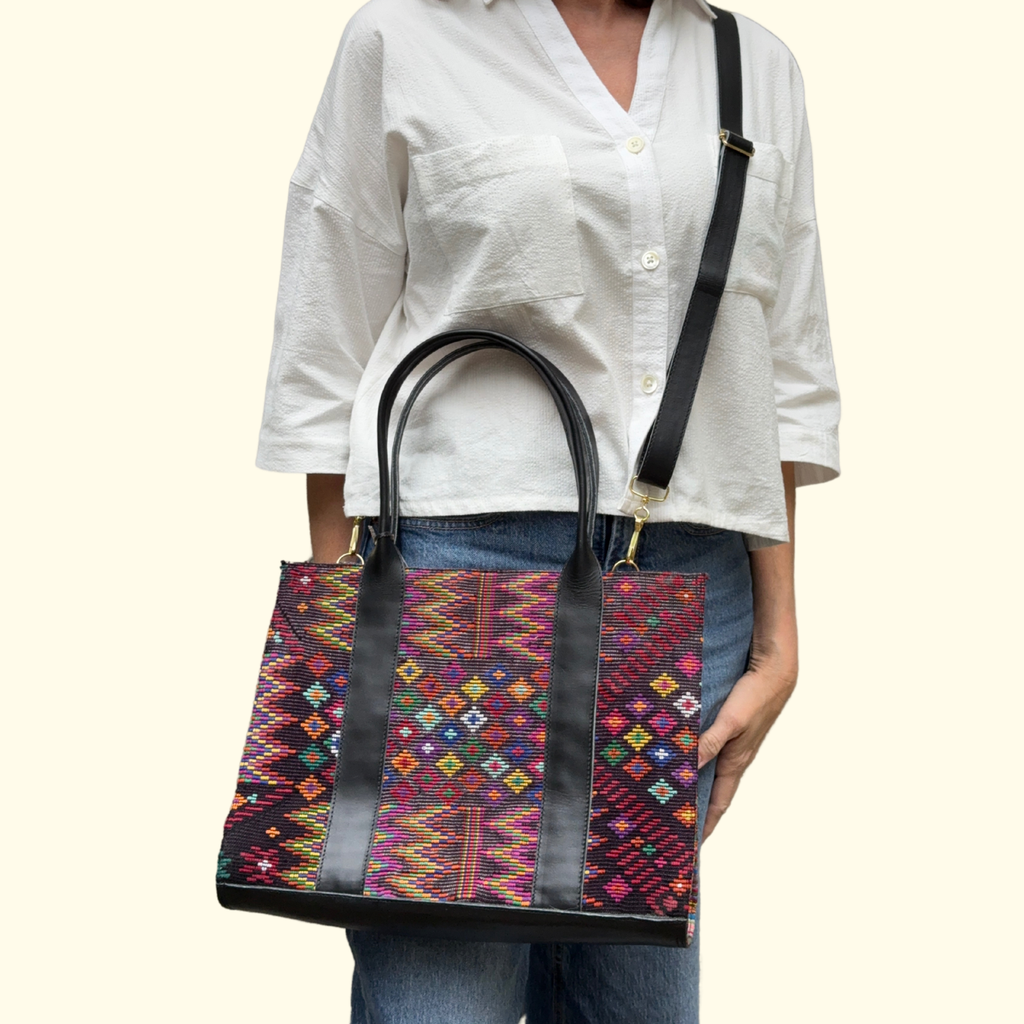 Handwoven Vintage Huipil Leather Tote and Crossbody