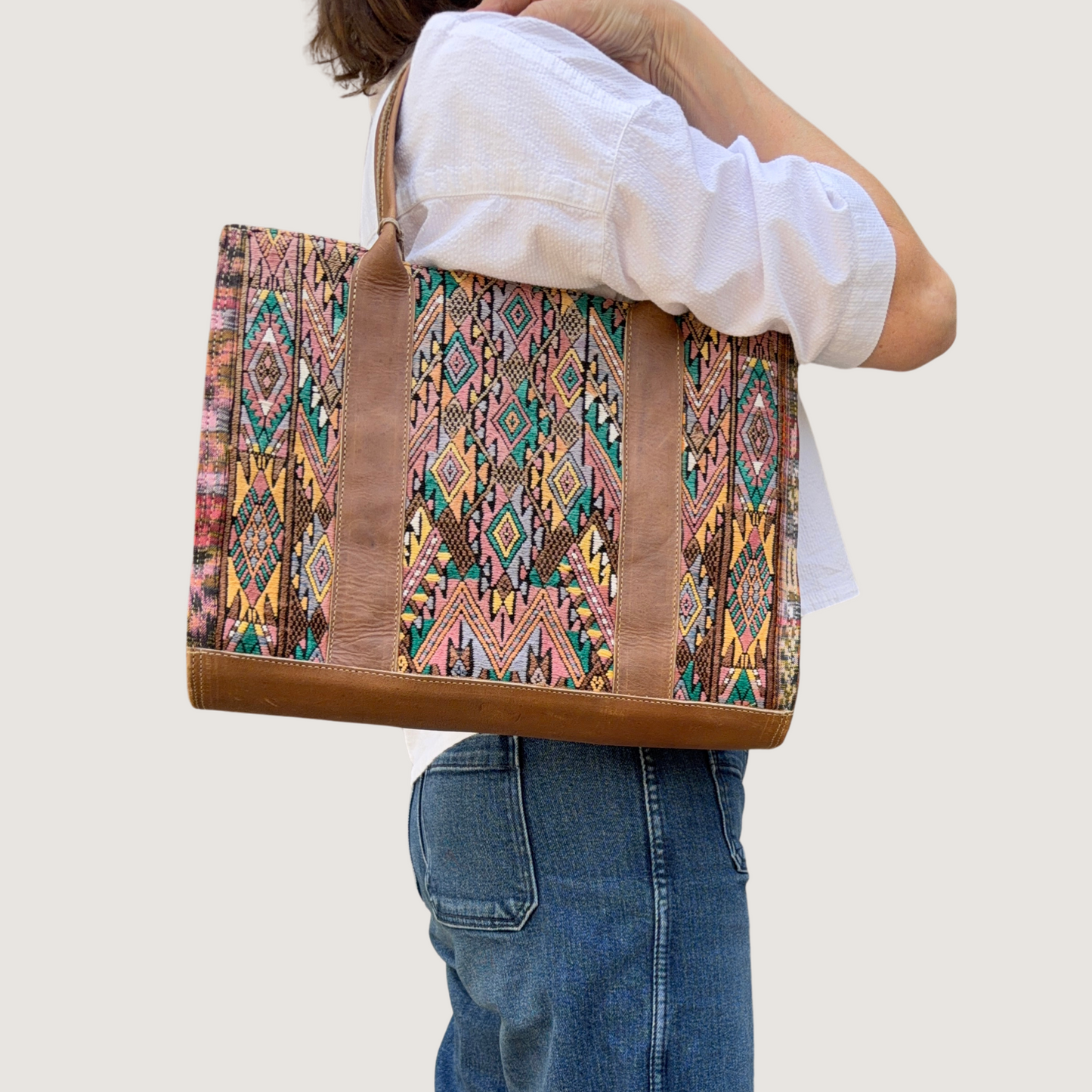 Handwoven Vintage Huipil Leather Tote
