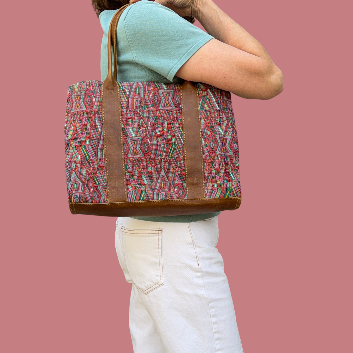 Handwoven Vintage Huipil Leather Tote