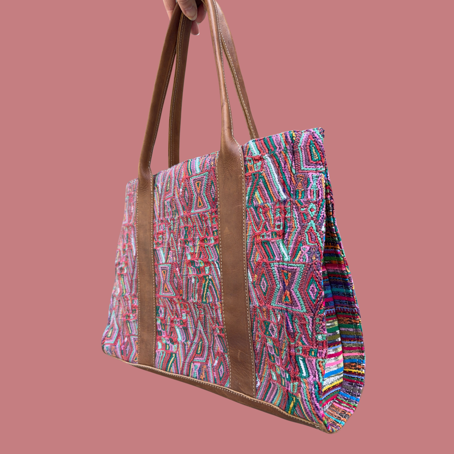 Handwoven Vintage Huipil Leather Tote