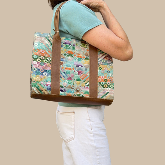 Handwoven Vintage Huipil Leather Tote - One of a Kind