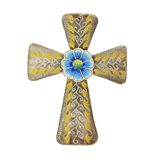 Painted Floral Cross- Blue Center