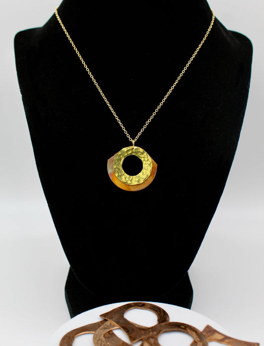 Glow Necklace | Repurposed Brass Washer & Fire Patina Copper Shim | Adjustable Gold Plated Necklace