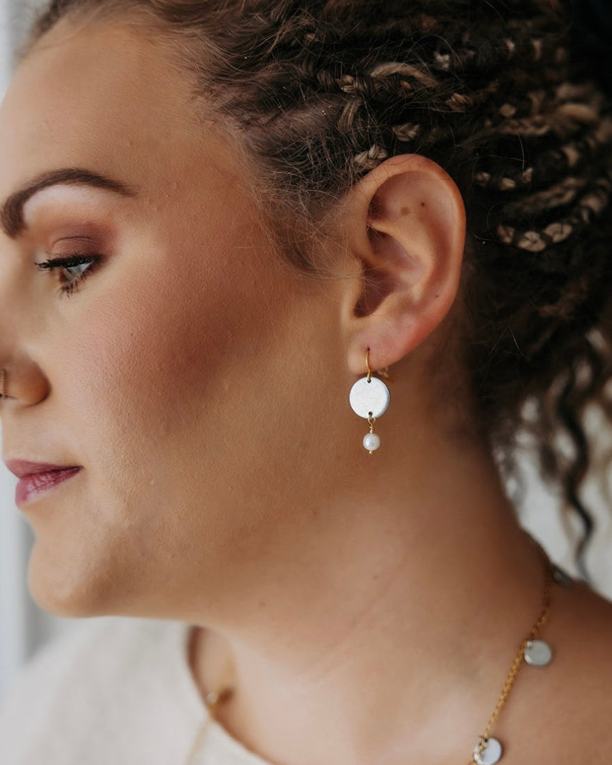 Free Earrings | Freshwater Pearl & Repurposed Steel Automotive Parts | Gold Plated Ear Wire