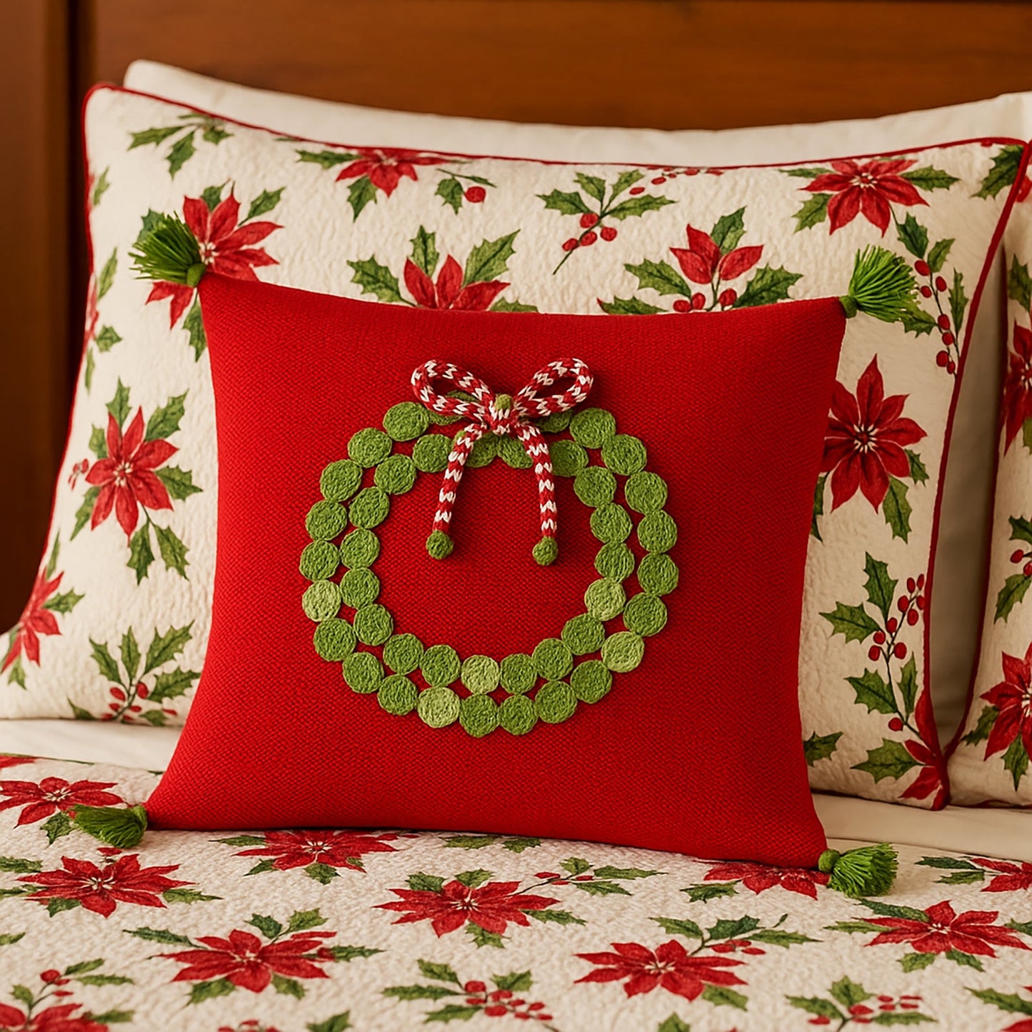Green Wreath 14" Pillow, Red