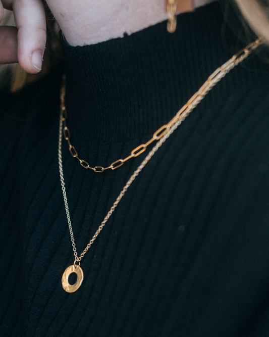 Harmony  Necklace | Recycled Auto Brass Washer | 18K Gold Plated Two Strand Chain & Pendant
