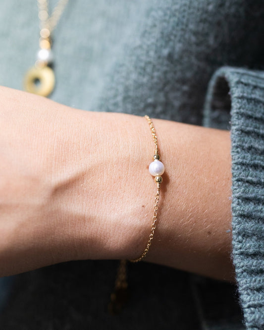 Promise Adjustable Bracelet | Freshwater Pearl & Repurposed Auto Brass Washers | Gold Plated Chain
