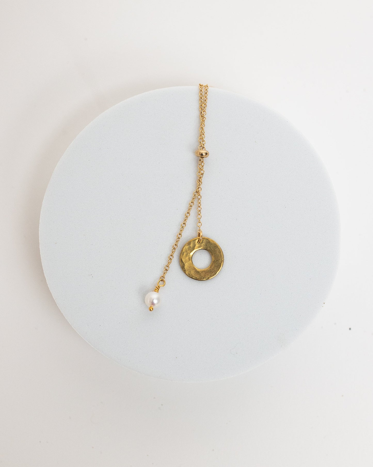 Promise Lariat Necklace | Freshwater Pearl & Repurposed Brass Auto Parts | Gold Plated Chain