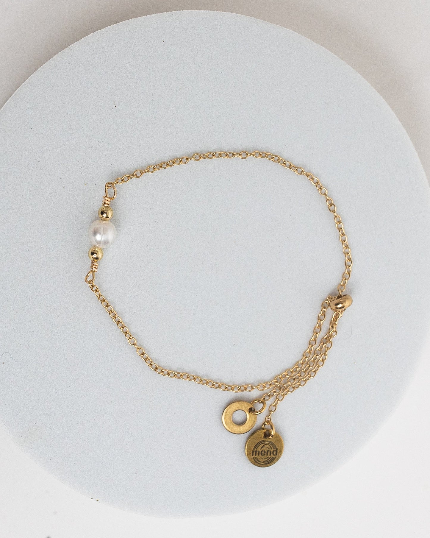 Promise Adjustable Bracelet | Freshwater Pearl & Repurposed Auto Brass Washers | Gold Plated Chain