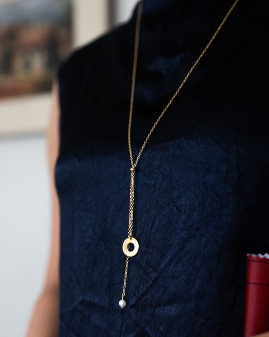 Promise Lariat Necklace | Freshwater Pearl & Repurposed Brass Auto Parts | Gold Plated Chain