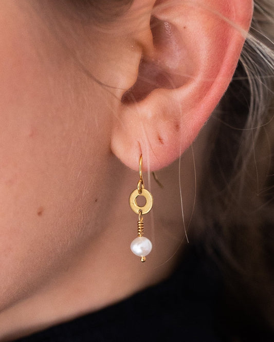Promise Drop Earrings | Freshwater Pearl & Repurposed Brass Auto Parts | Gold Plated Ear Wire