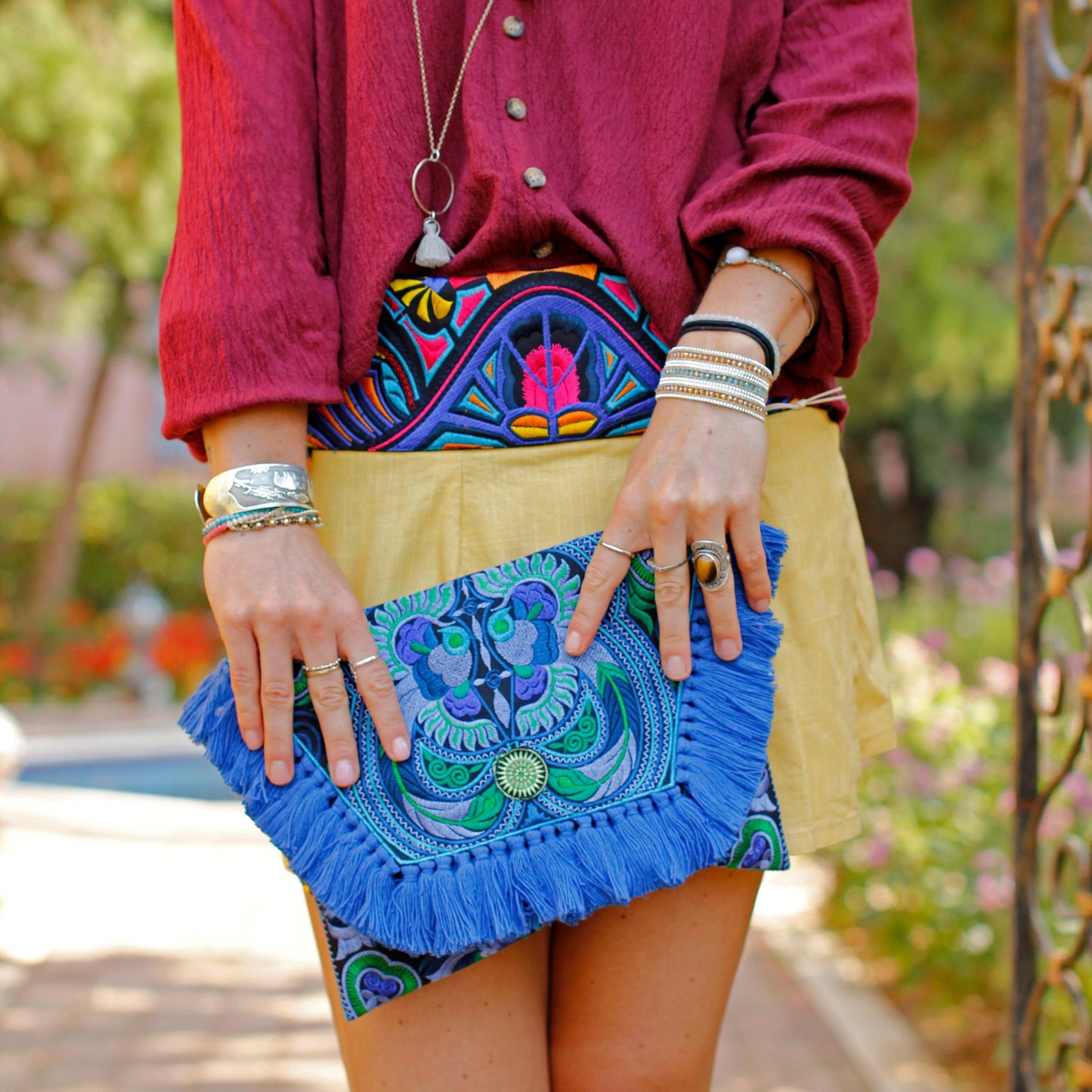 Embroidered Multi Tassel Envelope Clutch Bag - Thailand