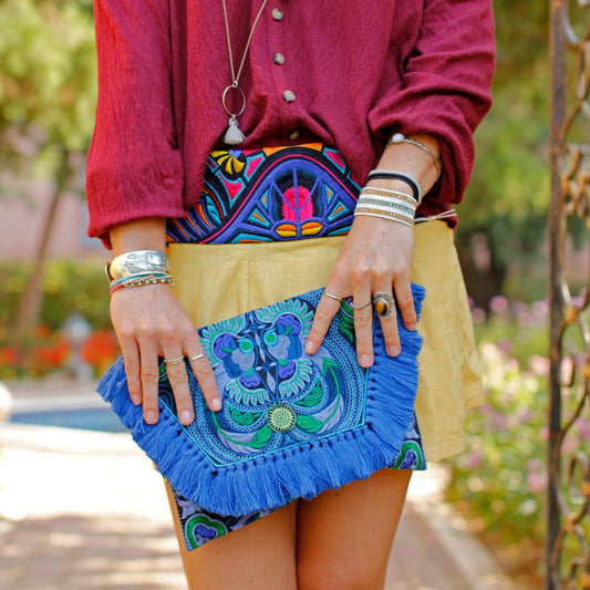 Embroidered Multi Tassel Envelope Clutch Bag - Thailand