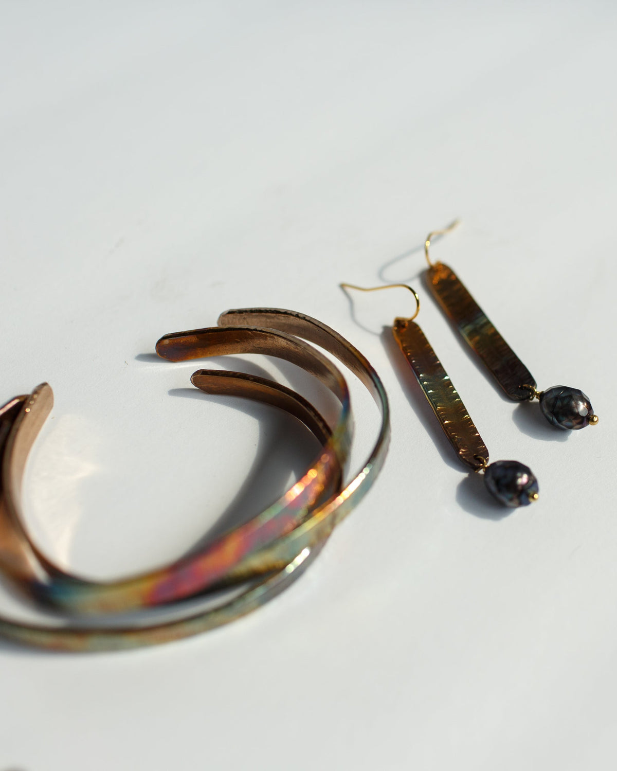 Refined Through Fire Earrings | FW Pearl & Repurposed Auto Copper Brake Line | Gold Plated Ear Wire