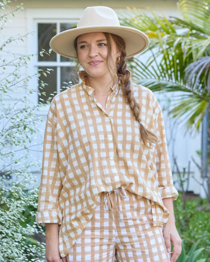 Relaxed Boyfriend Shirt - Gingham Picnic Baked Clay