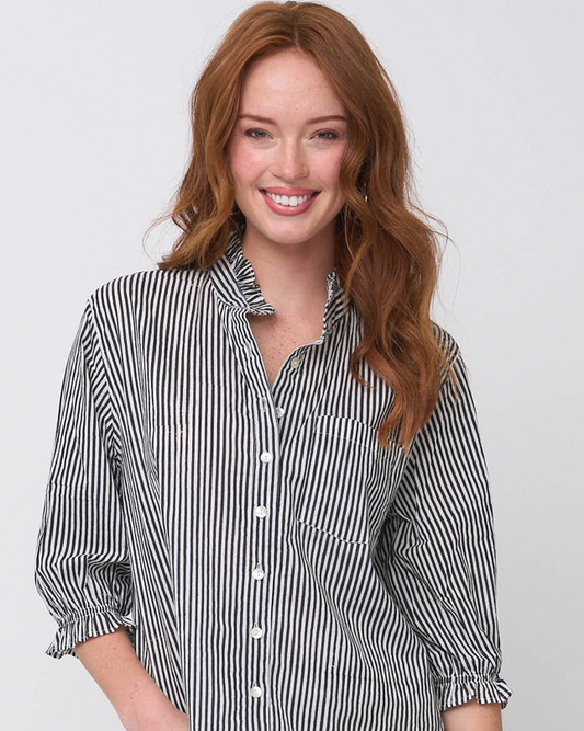 Good Girlfriend Shirt with Ruffle Trim Menswear Stripe Black