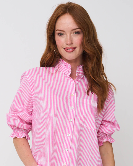 Good Girlfriend Shirt with Ruffle Trim Menswear Stripe Dahlia