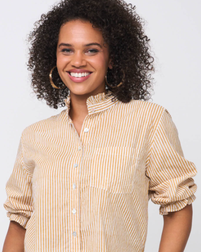 Good Girlfriend Shirt with Ruffle Trim Menswear Stripe Honeycomb