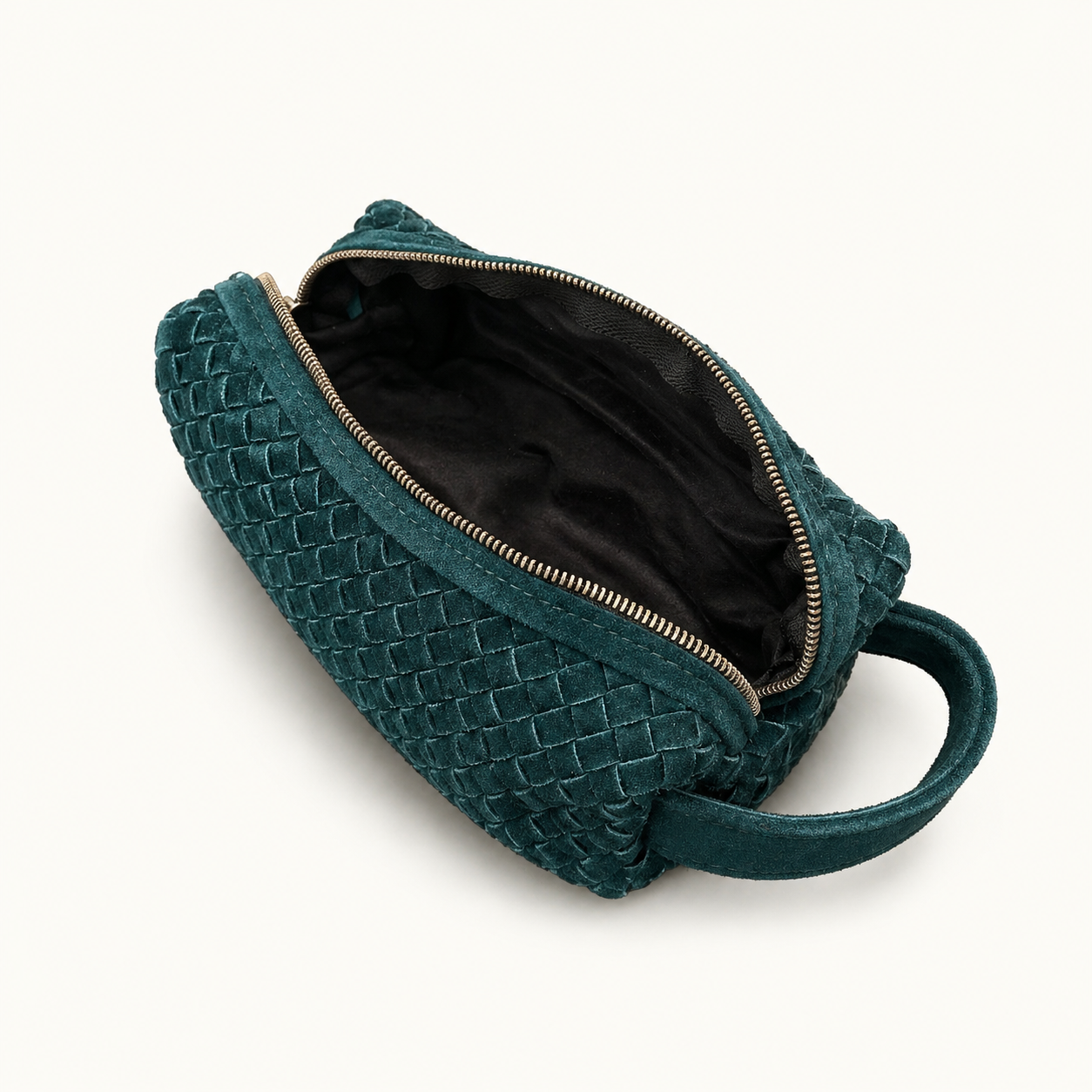 Teal Suede Woven Leather Makeup Bag