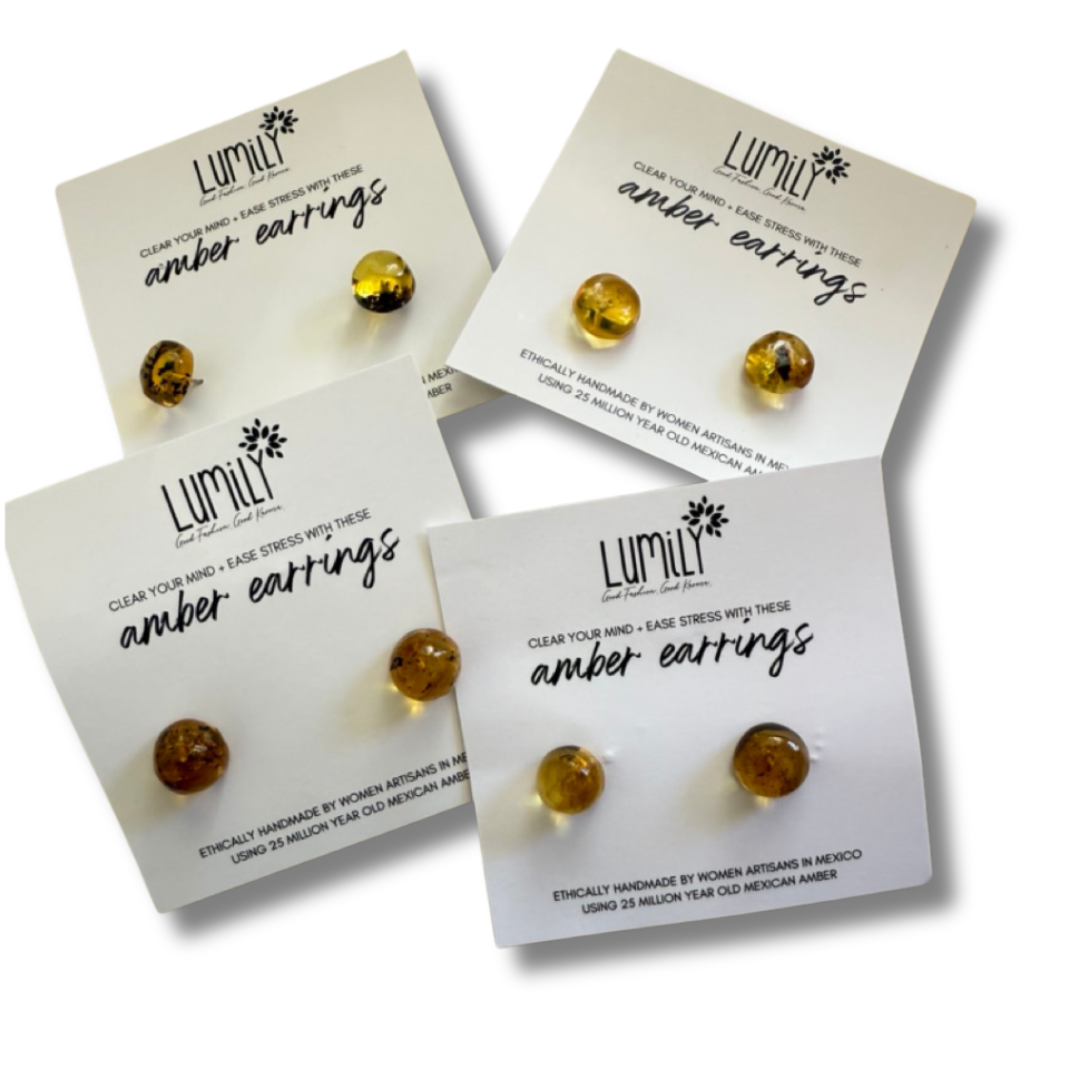 Erika Amber Stud Round Earrings Natural Resin Energetic - Mexico