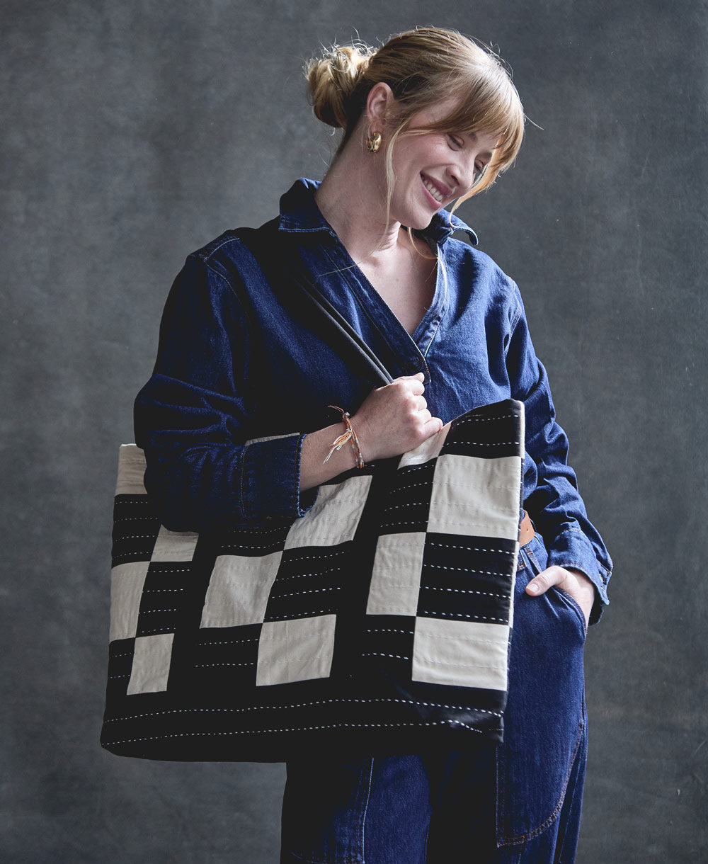 Checkered Canvas Tote Bag - Charcoal